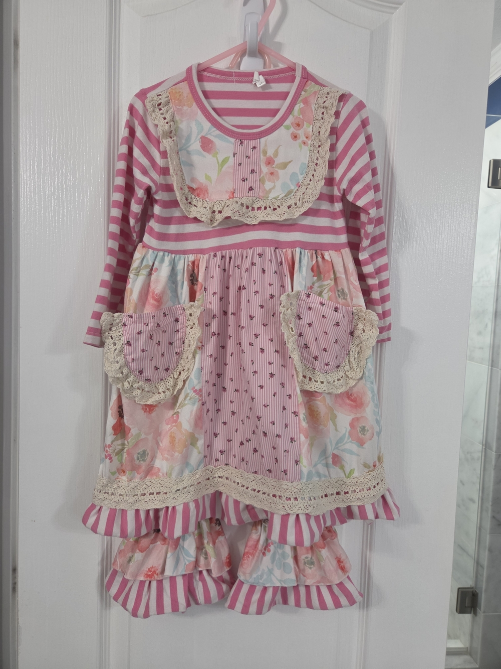 Girls Pink Floral & Stripe Ruffle Set with Lace Trim